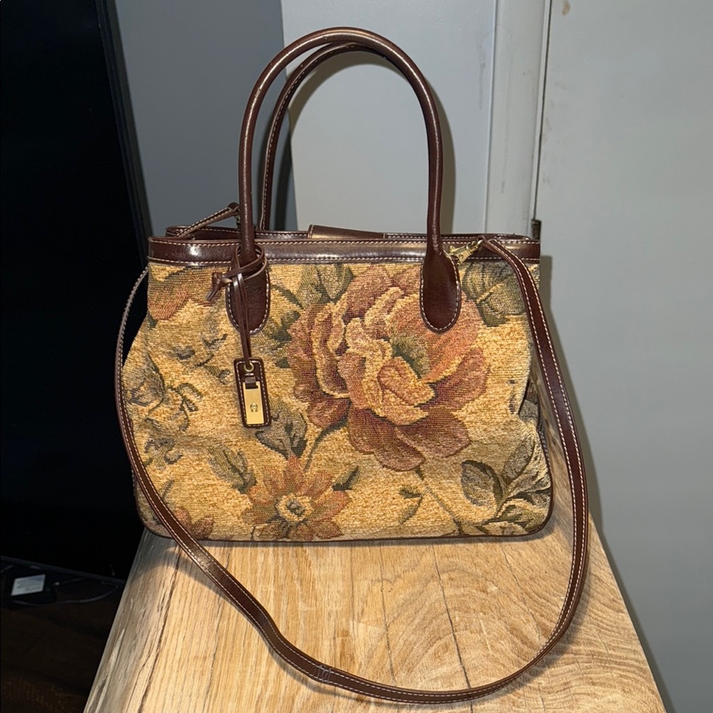 Vintage Floral Tapestry Satchel with Brown Trim